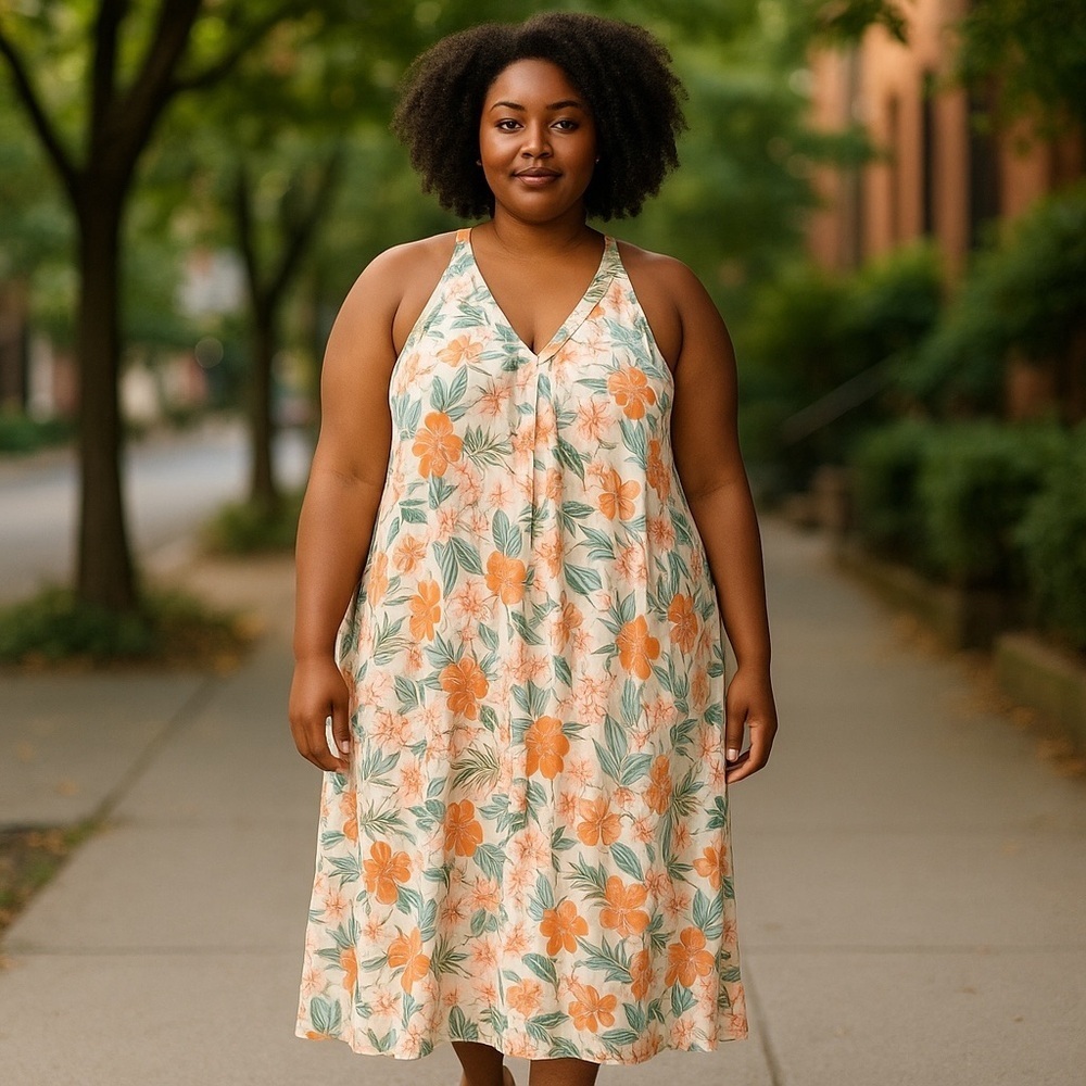Natural Reflections Women plus XXL Orange Green Floral Halter style maxi dress